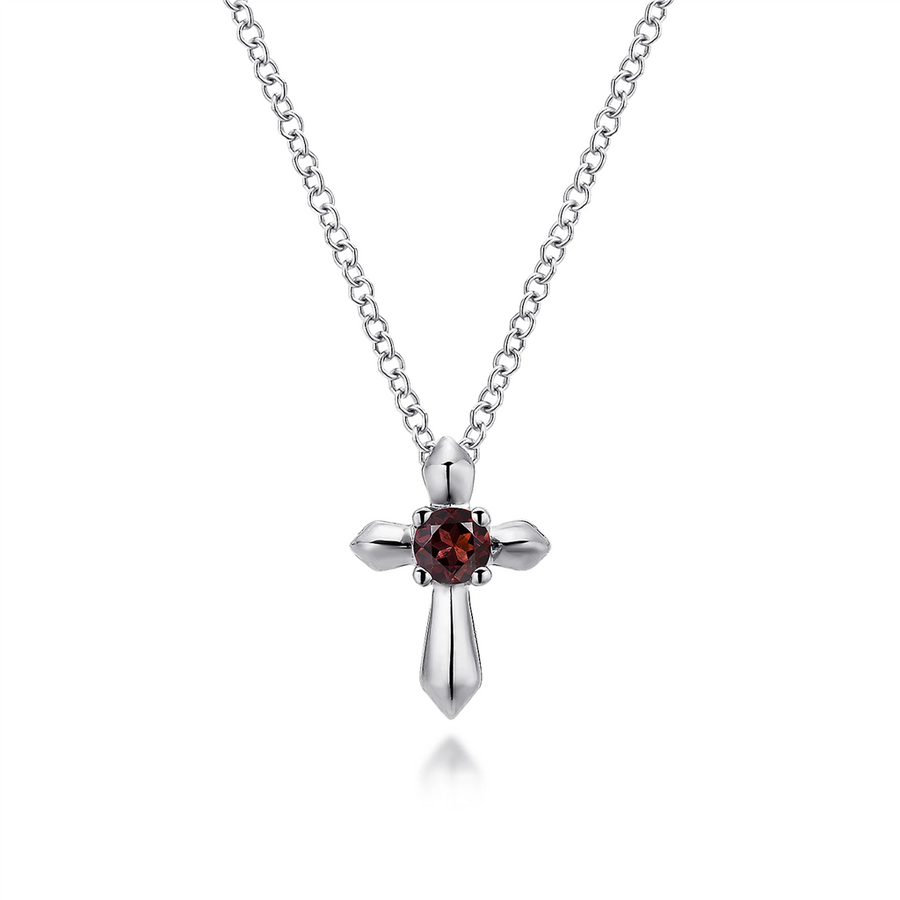 Gabriel & Co. Fashion Sterling Silver Round Garnet Cross Necklace