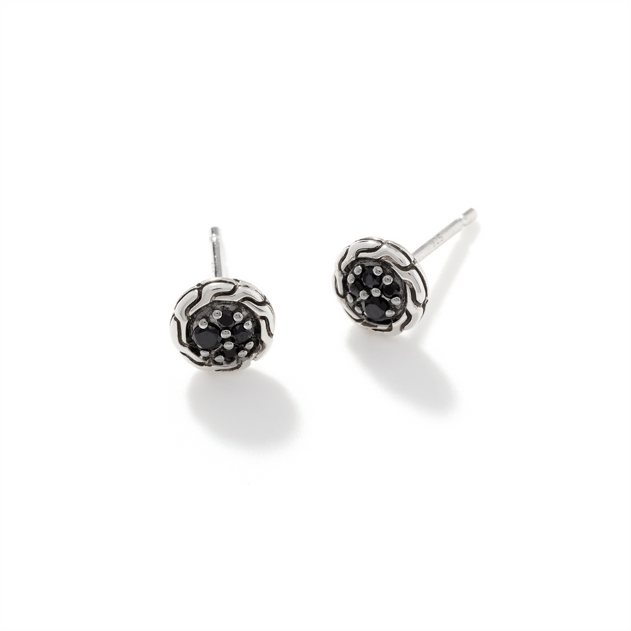 John Hardy Classic Chain Silver 7mm Round Stud Earrings with Treated Black Sapphire and Black Spinel