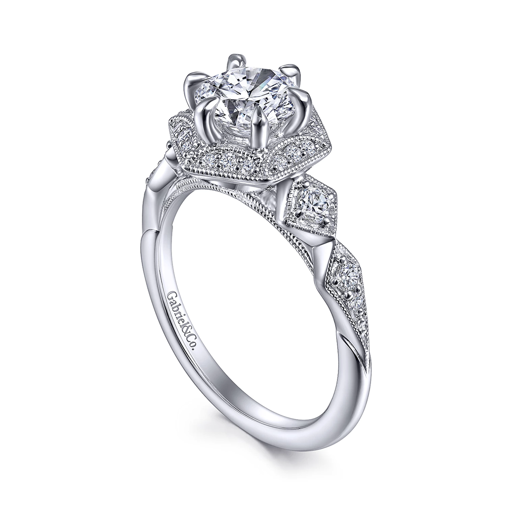 Gabriel & Co. Ortensia - Art Deco 14K White Gold Hexagonal Halo Round Diamond Engagement Ring Mounting