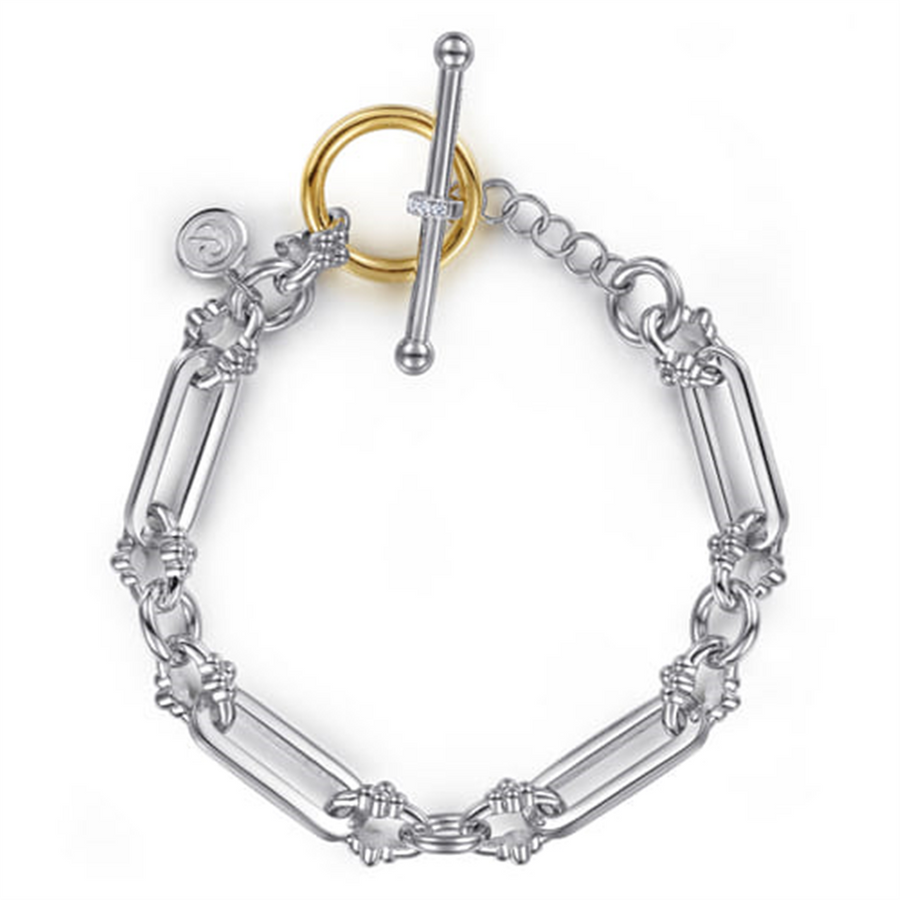 Two-Tone Sterling Silver/14 Karat Beaded Sapphire Link Bracelet Bracel
