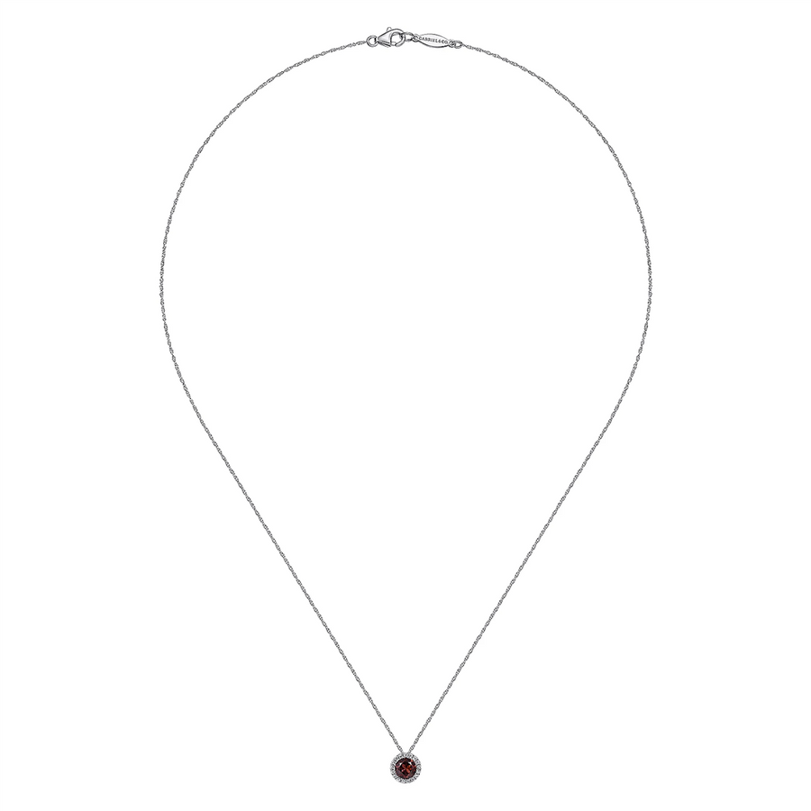 Gabriel & Co. Fashion 14K White Gold Garnet and Diamond Halo Pendant Necklace