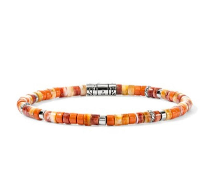 John Hardy Heishi Sterling Silver Bracelet with 4mm Orange and Red Spi