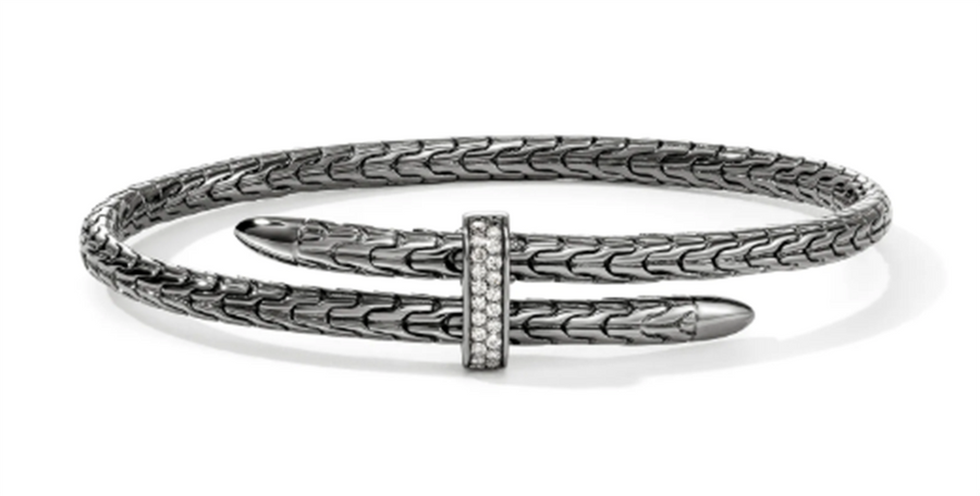 John Hardy Black Rhodium Spear Pave Diamond Bypass Flex Cuff Bracelet