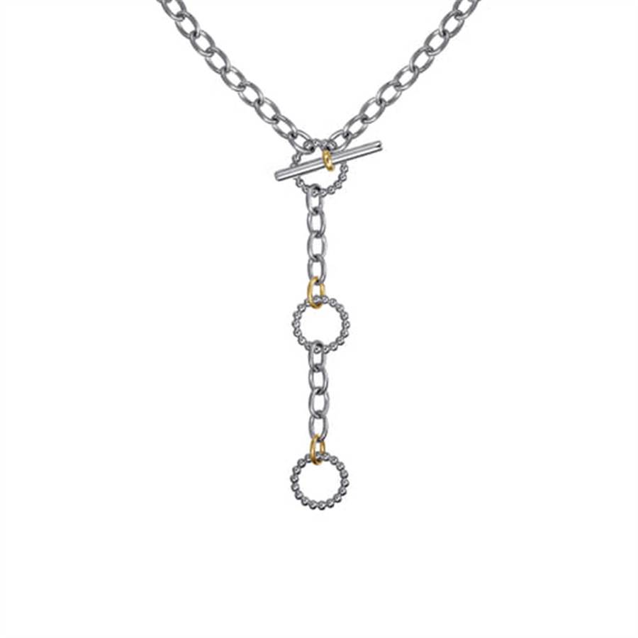 Lady's Two-Tone Sterling Silver/14 Karat Beaded Cable Link Drop Neckla