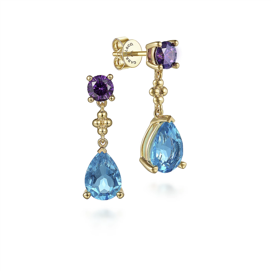 Gabriel & Co. Fashion 14K Yellow Gold Bujukan Amethyst and Blue Topaz Teardrop Stud Earrings