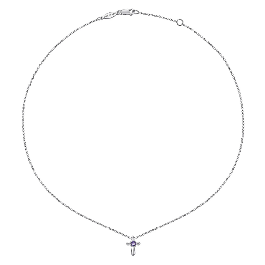 Gabriel & Co. Fashion Sterling Silver Round Amethyst Cross Necklace