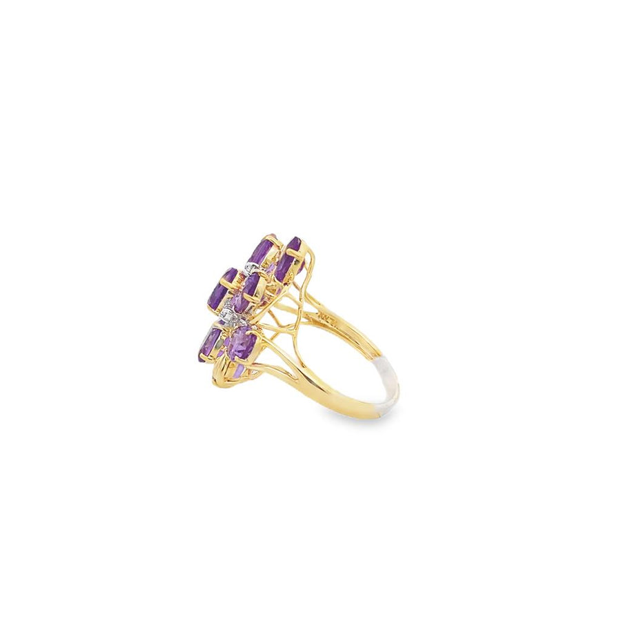 Yellow 14 Karat Cluster Amethyst And Diamond Ring Estate Jewelry Size