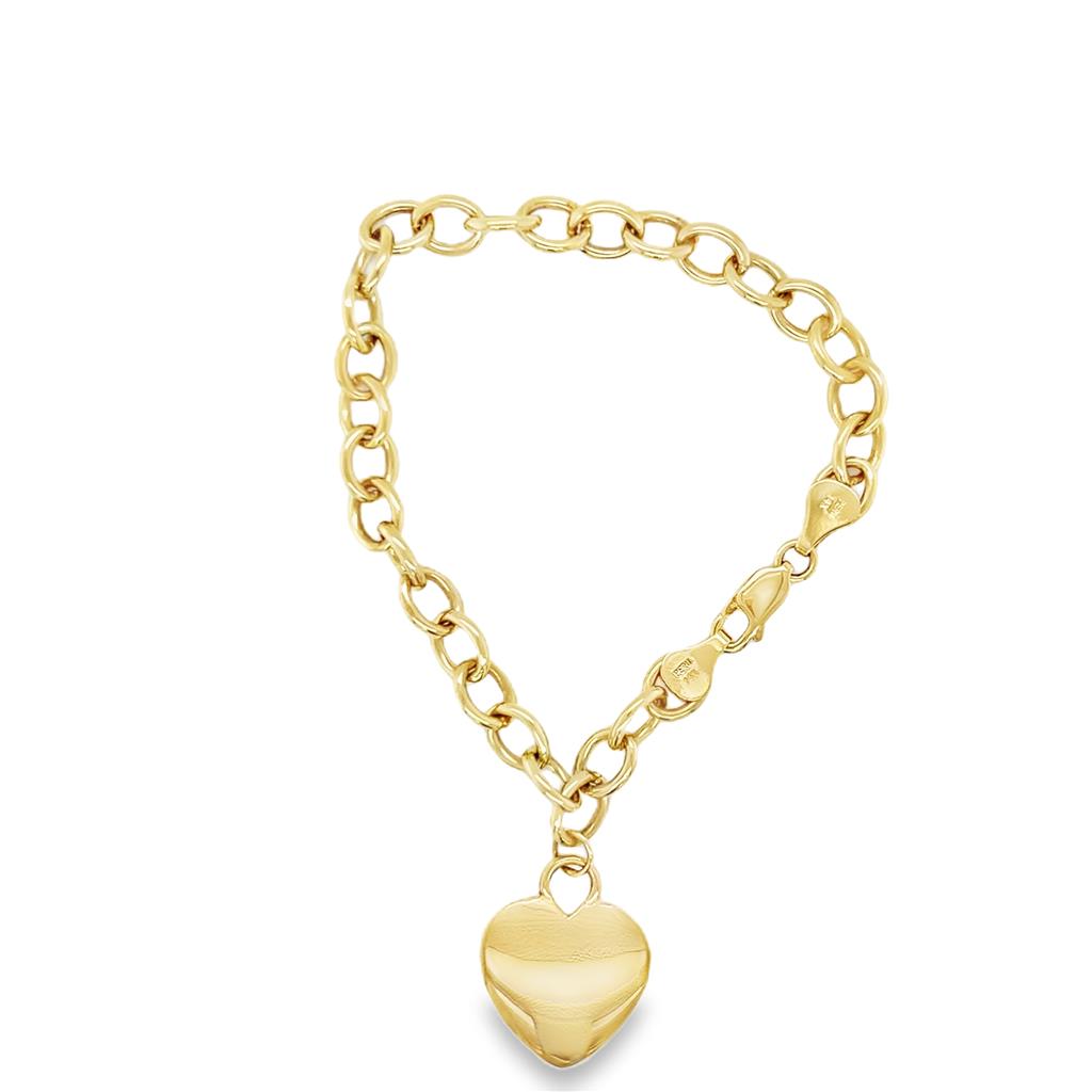 Yellow 14 Karat 6.7mm Link Charm Bracelet With Heart Dangle Estate Jew