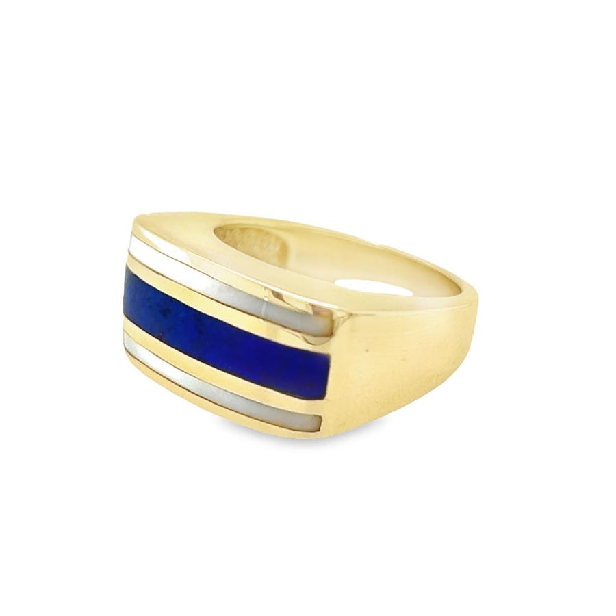 Yellow 14 Karat Mother of Pearl and Lapiz Lazuli Inlay Band