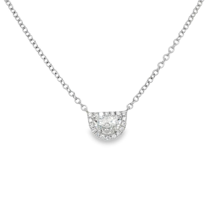 Lady's White 14 Karat Half-Moon Halo Necklace With One = 0.47CT Half M
