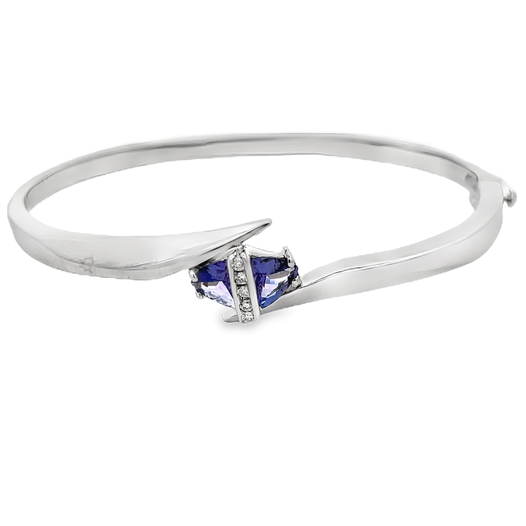 White 14 Karat Trillion Cut Tanzanite & Diamond Bangle Bracelet Estate