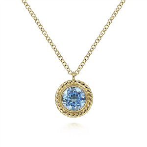 Gabriel & Co. Fashion 14K Yellow Gold Round Blue Topaz and Twisted Rope Pendant Necklace