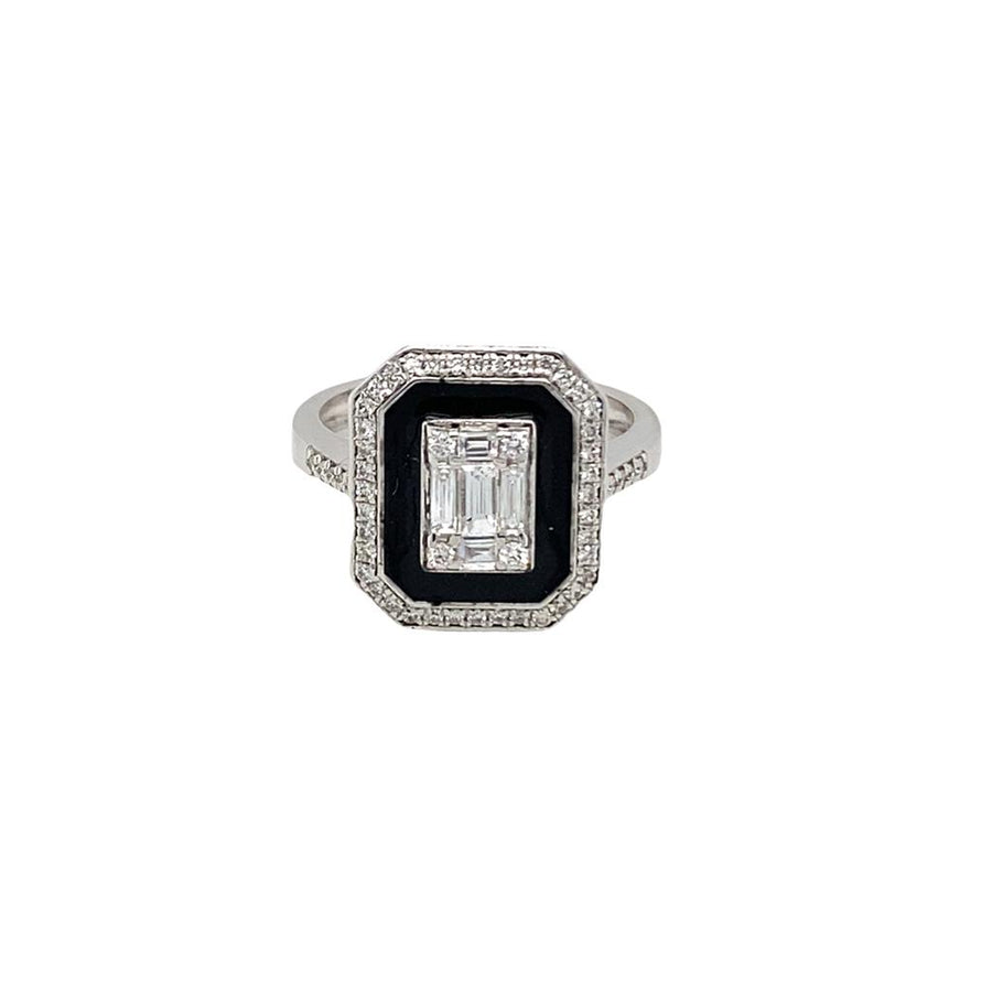 18 Karat White Gold Diamond And Black Enamel Ring Estate Memo Size 6 W
