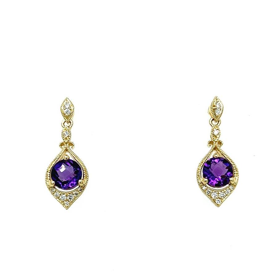 Lady's Yellow 14 Karat Milgrain Drop Earrings With 2=0.91Tw Round Amet