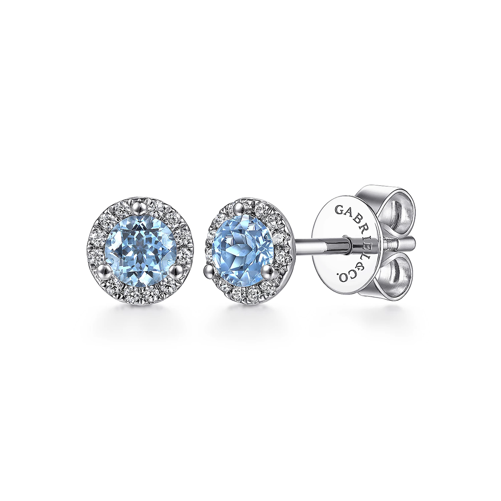 Gabriel & Co. Fashion 14K White Gold Diamond Halo   Swiss Blue Topaz Stud Earring