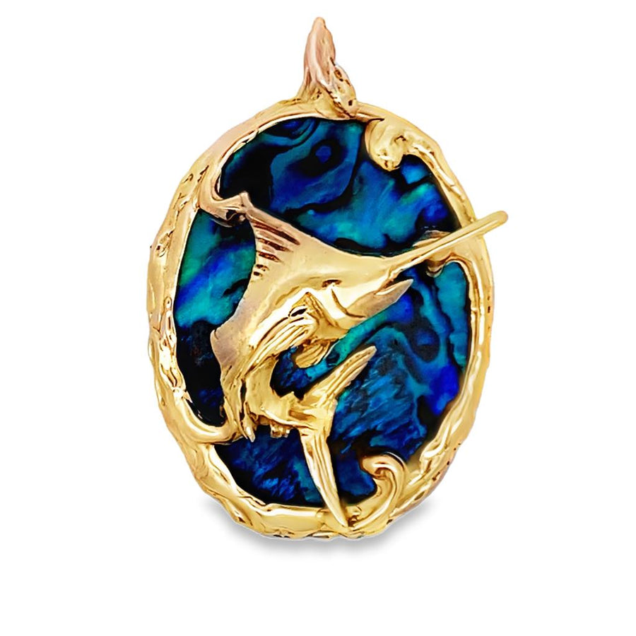 Yellow 14 Karat 49.50X32.80mm Blue Marlin Pendant w/ Abalone Shell Bac