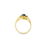 Yellow 21 Karat Fashion Ring Estate Jewelry Size 5.25 3=5.00x3.50mm Pear Blue Sapphires
2=0.06tw Round Diamonds Gram Weight: 2.1