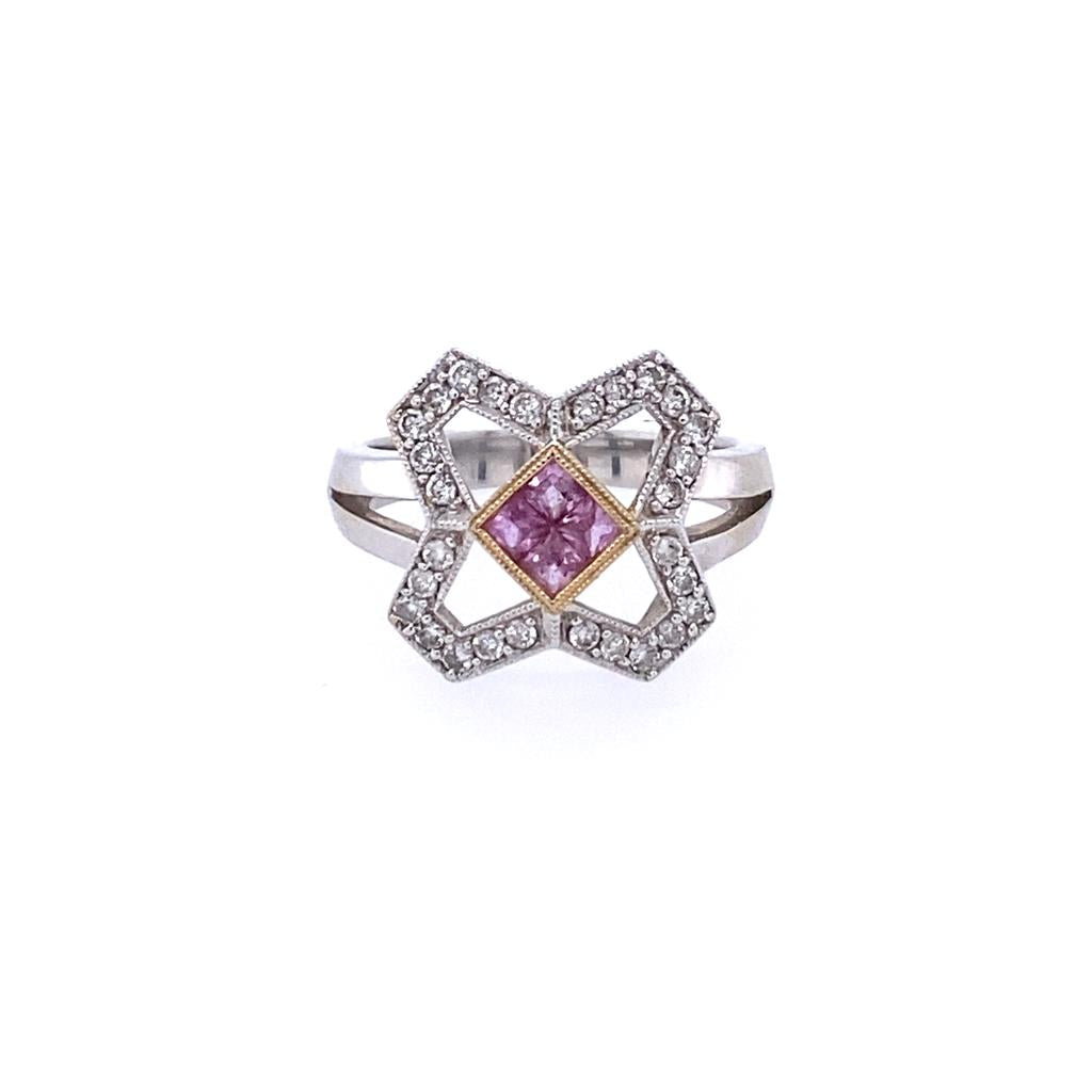 Two-Tone Milgrain 18 Karat Geometric Style Ring Estate Jewelry Size 5 28=0.14tw Round Diamonds and 4 pink invisible set stones in bezel Gram Weight: 3.38