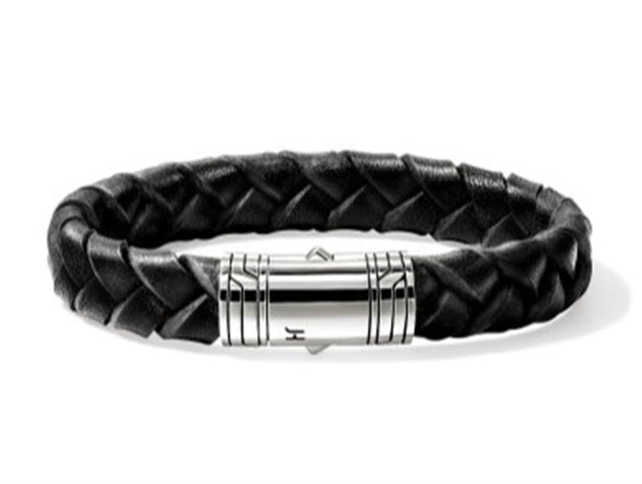 Sterling Silver 10mm Braided Black Leather Bracelet John Hardy, Size L