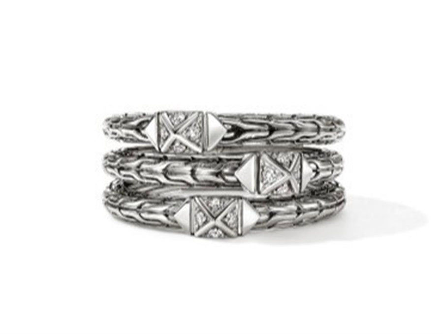 Sterling Silver Icon Stud Triple Row Ring John Hardy With 12 = 0.09Twt