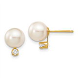 Quality Gold 14k 7-8mm White Round Saltwater Akoya Cultured Pearl Diamond Post Earrings