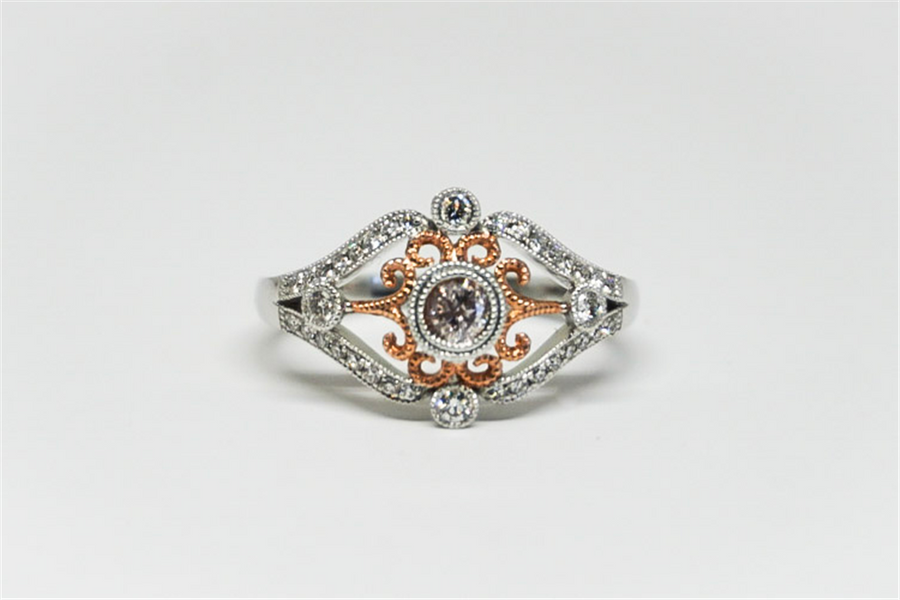 14k White and Rose Bezel Set Ring with 1=0.16 ct. Natural Light Pink C