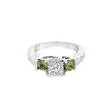 3 Stone Princess Cut Diamond w/ Square Peridot Sides