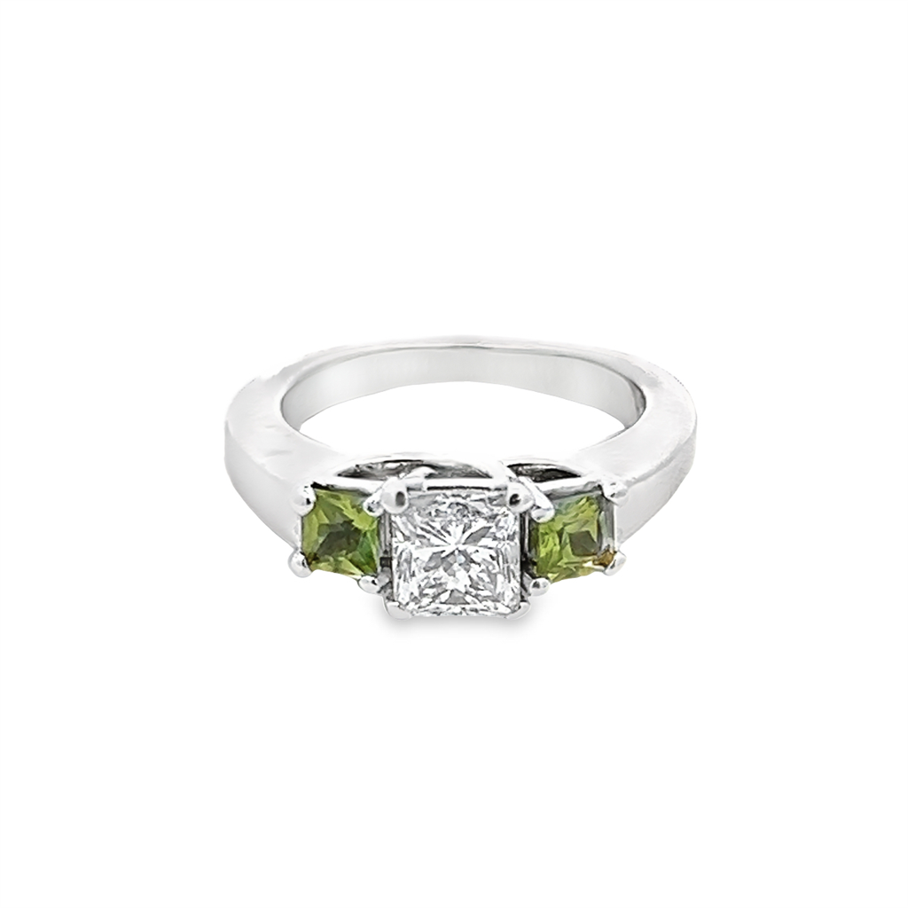 3 Stone Princess Cut Diamond w/ Square Peridot Sides