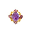 Yellow 14 Karat Polished/Milgrain Meda Jewelry Vintage Fashion Ring Estate Jewelry Size 7.25 one 12.06x10.10mm Cabochon Amethyst
38=1.50x1.50mm Round Amethysts
4=1.00x1.00mm Round Amethysts Gram Weight: 6.13