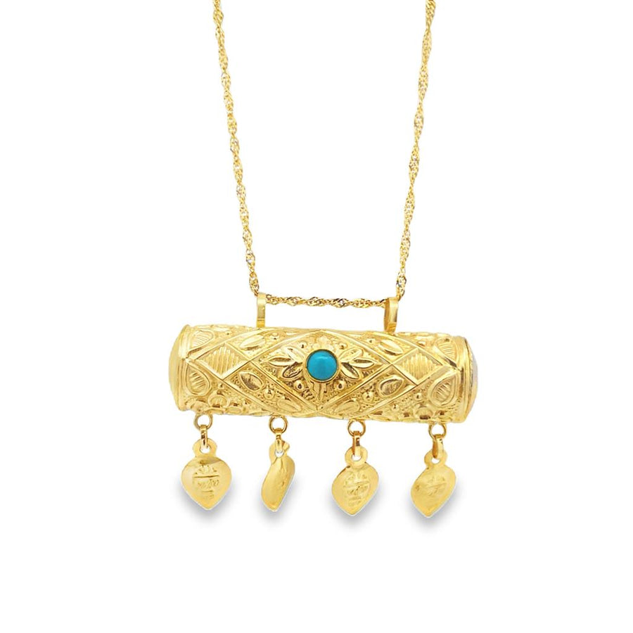 Yellow 21KT Engraved Cylinder Urn Necklace On A 22" 1.45mm Twisted Sin