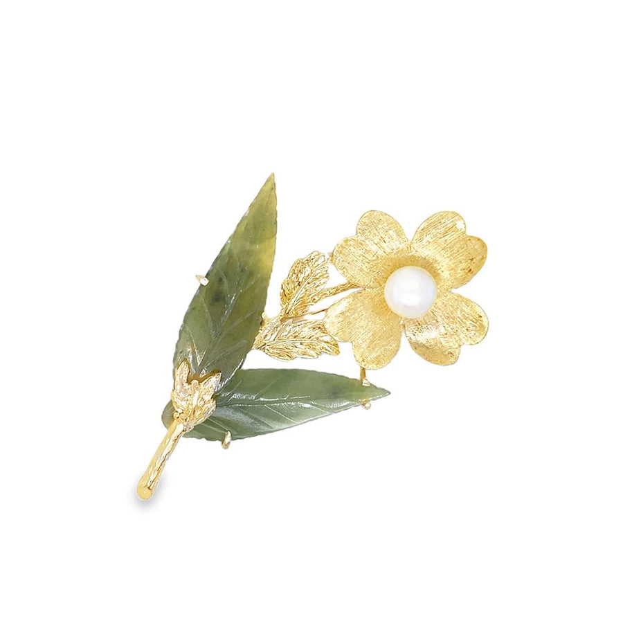 Yellow 14 Karat Satin Flower Brooch w/ Jadeite Leaves And Round Pearl