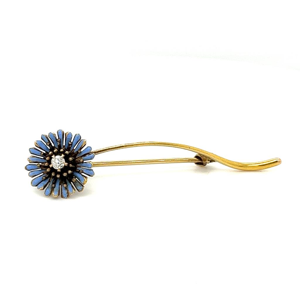 Estate Yellow 10 Karat Enamelled Blue Flower Brooch With One 0.04Ct Round Diamond. 
Gram Weight: 3.0