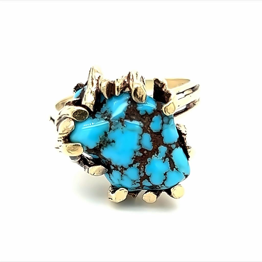 Yellow 10 Karat Turqouise Ring Estate Jewelry Size 8.25 With One Var Turquoise Gram Weight: 6.2