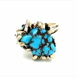 Yellow 10 Karat Turqouise Ring Estate Jewelry Size 8.25 With One Var Turquoise Gram Weight: 6.2