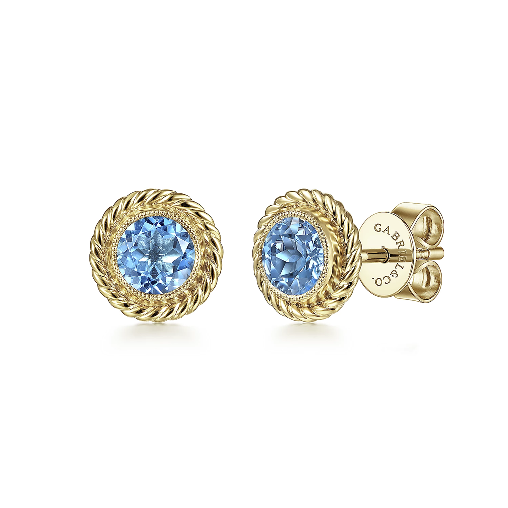 Gabriel & Co. Fashion 14K Yellow Gold Round Blue Topaz and Twisted Rope Frame Stud Earrings
