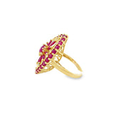 Yellow 14 Karat Marquise Ruby Halo And Floral Ring Estate Jewelry Size