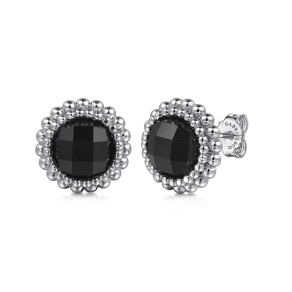 Gabriel & Co. Silver 925 Sterling Silver Onyx Bujukan Round Shape Stud Earrings With Pattern