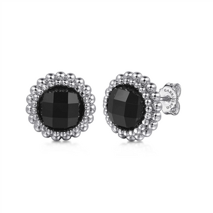 Gabriel & Co. Silver 925 Sterling Silver Onyx Bujukan Round Shape Stud Earrings With Pattern