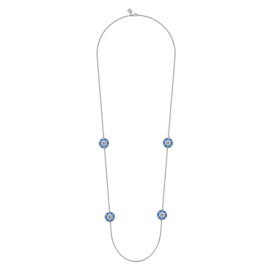 Lady's White Sterling Silver Blue Enamel Pendant And Cable Link Chain