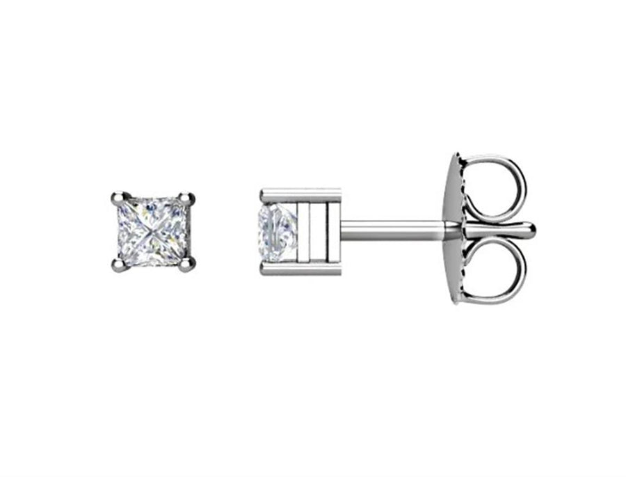 White 14 Karat Princess Cut Diamond Studs Set In 4 Prong Basket Mounti