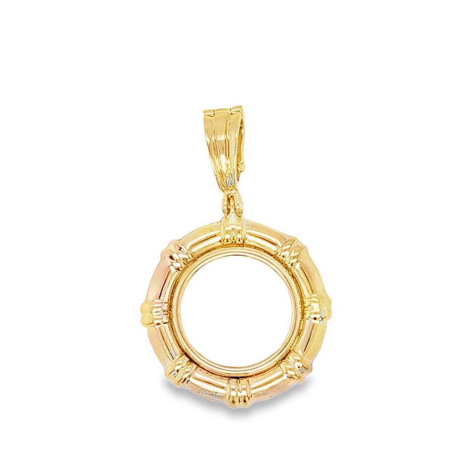 Yellow 14 Karat 15.3mm Bamboo Coin Frame Pendant With A 4.3mm Bail Ope
