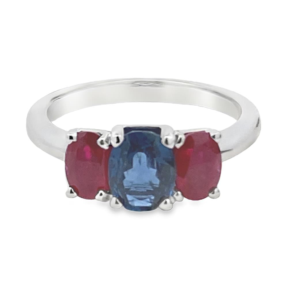 14 Karat White Three Stone Sapphire And Ruby Ring Estate Jewelry Size