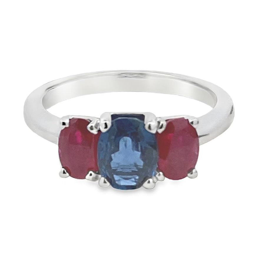 14 Karat White Three Stone Sapphire And Ruby Ring Estate Jewelry Size