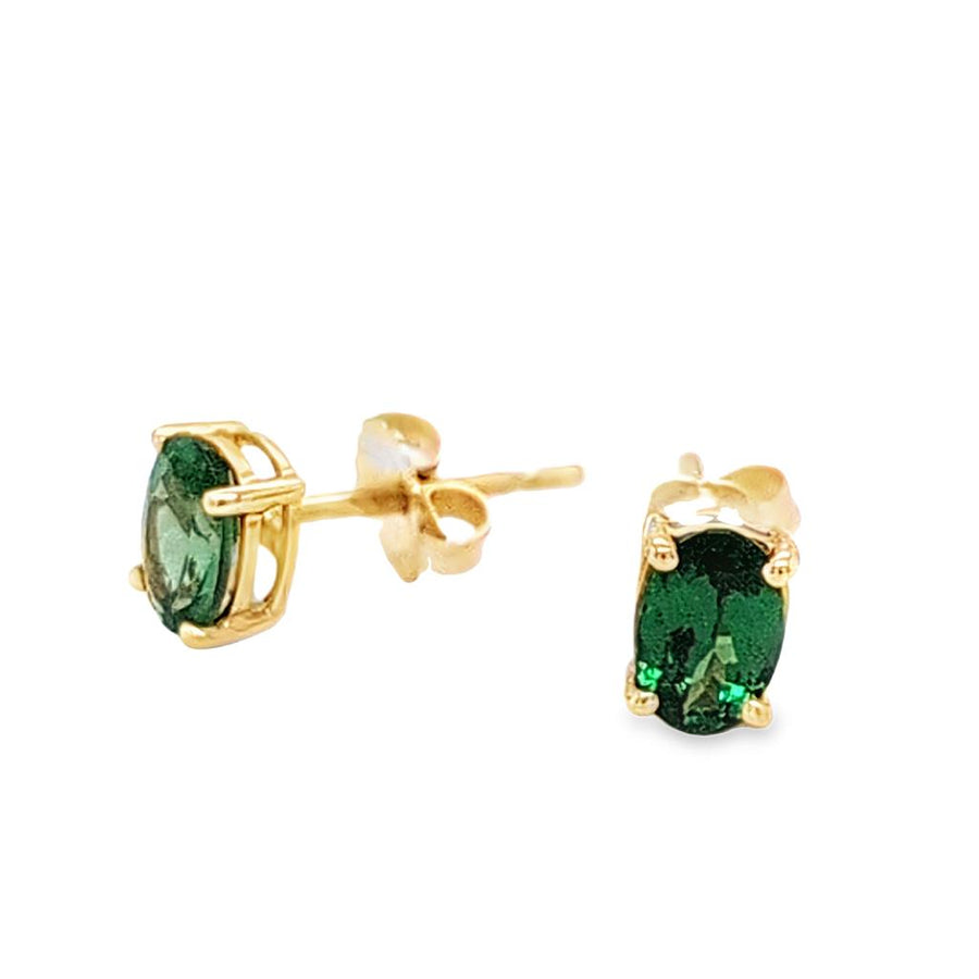 Lady's Yellow 14 Karat Stud Earrings 2=0.95tw Oval Tsavorite Garnets