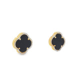 14 Karat Yellow Gold Clover Style Onyx And Diamond Earrings Estate Jew