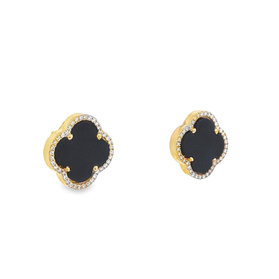 14 Karat Yellow Gold Clover Style Onyx And Diamond Earrings Estate Jew