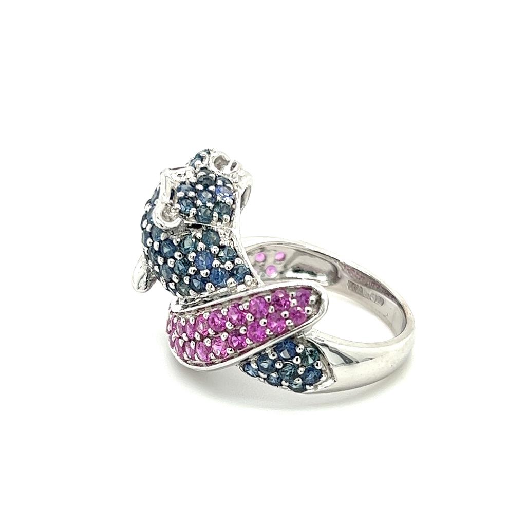 White 14 Karat Pink & Blue Sapphire Panther Ring Estate Jewelry Size 6 With 11=0.05Tw Round I/J I2/I3 Diamonds, 54=1.35-1.75Mm Round Sapphires And  Other Stones Gram Weight: 7