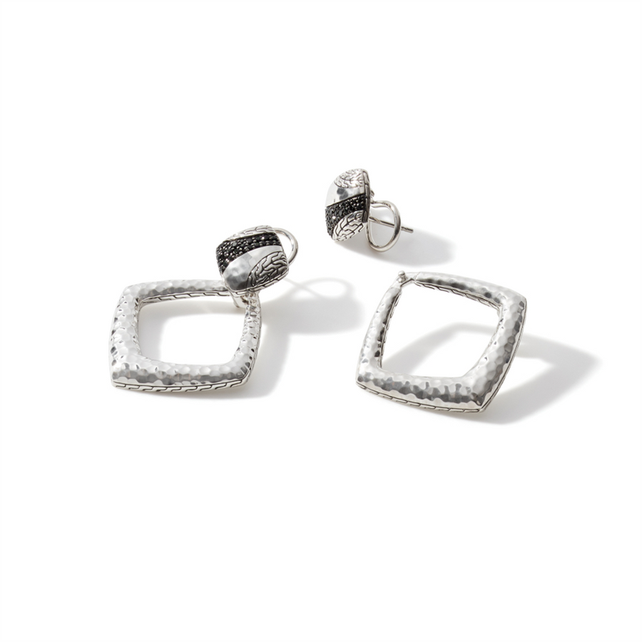 John Hardy Classic Chain Hammered Silver Square Drop Earrings with Treated Black Sapphire and Black Spinel