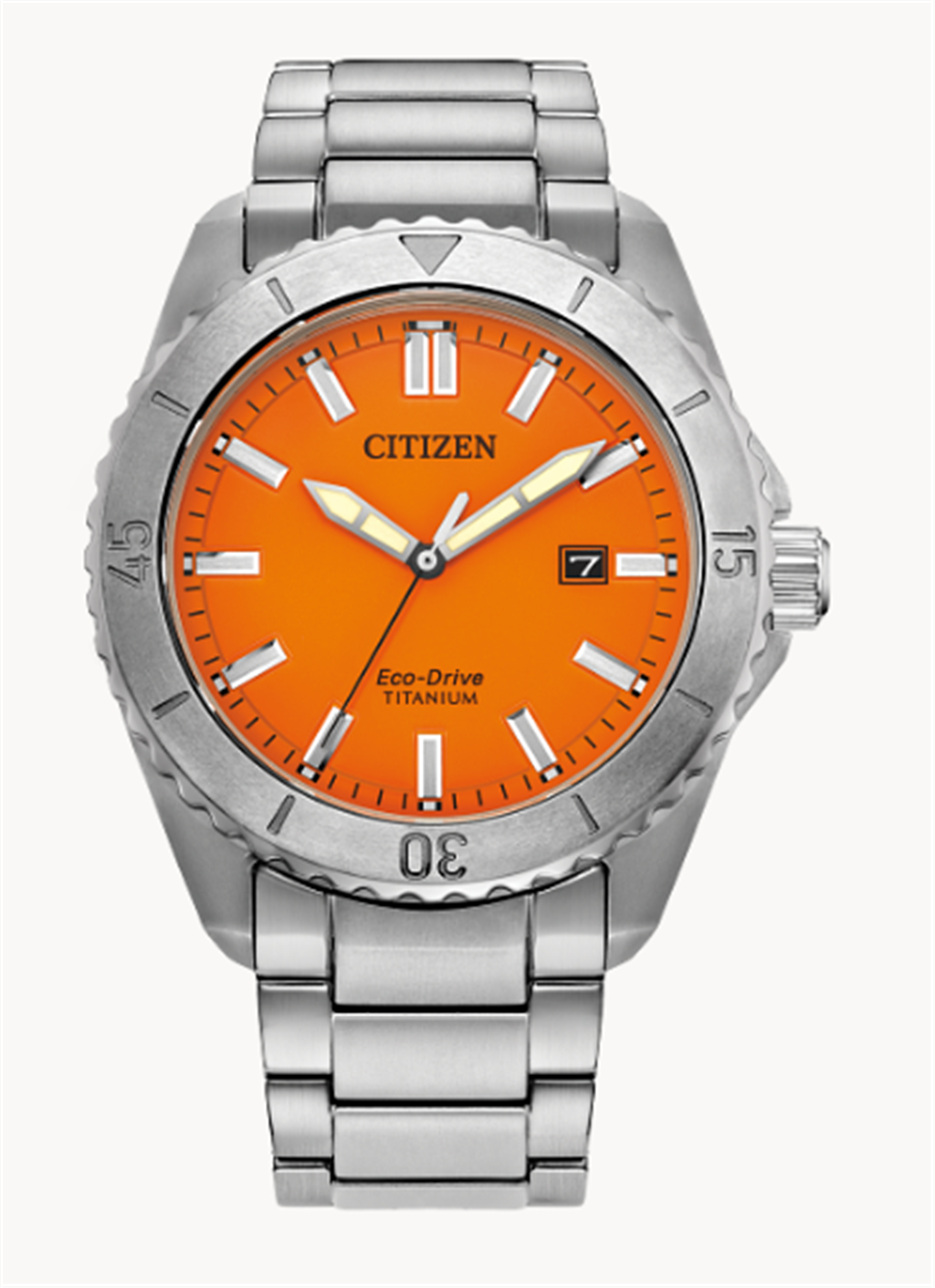 White Stainless Steel 41mm Men's Brycen Super Titanium with Orange Dial Watch 
Strap/Brac.: Bracelet
Clasp: Deployment
Move: Eco-Drive J810
WR: 100m