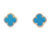 14 Karat Yellow Gold Clover Style Turqoise And Diamond Earrings Estate